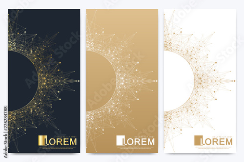 Modern set of vector flyers. Molecule and communication background. Geometric abstract golden package with mandala. Connected line with dots. Golden design in trendy linear style