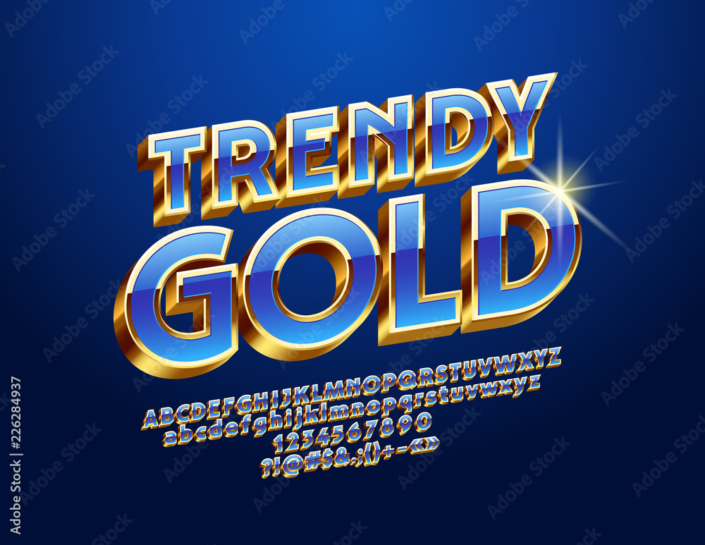 Trendy 3D Font. Vector Golden and Blue Alphabet. Luxury Letters, Numbers and Symbols. Trendy 3D Font. Vector Golden and Blue Alphabet. Luxury Letters, Numbers and Symbols.