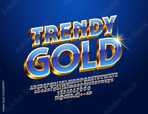 Trendy 3D Font. Vector Golden and Blue Alphabet. Luxury Letters, Numbers and Symbols.