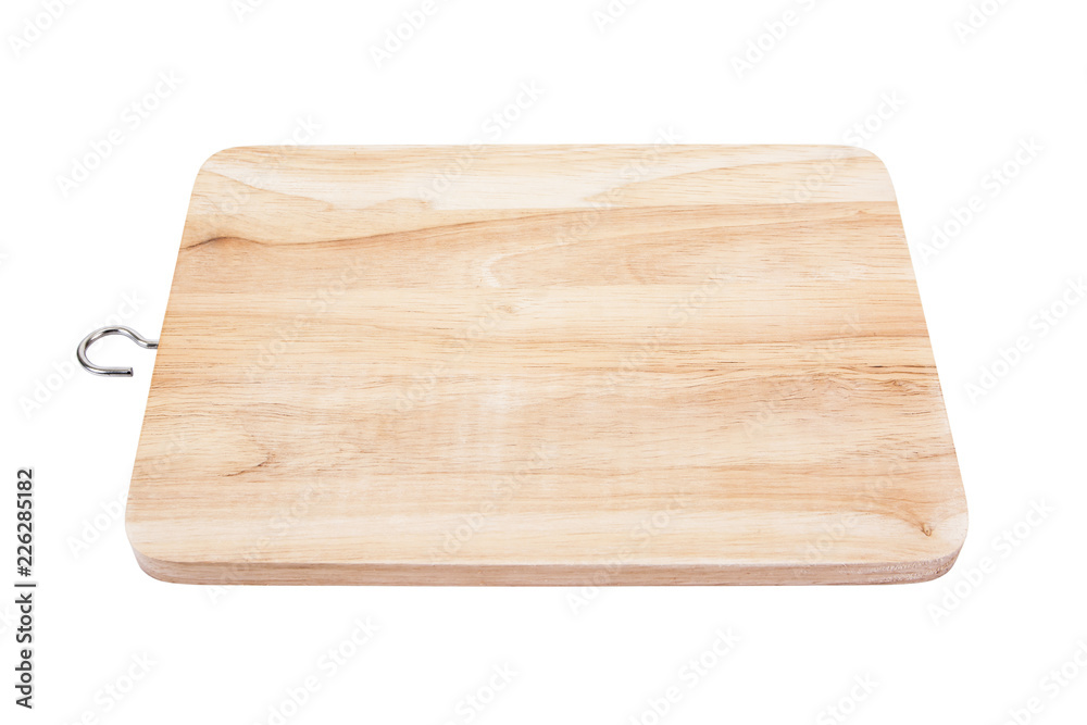 Rectangle wood cutting board with metal hook isolated on white background.Rectangle wood chopping board isolated Rectangle wood cutting board with metal hook isolated on white background.Rectangle wood chopping board isolated