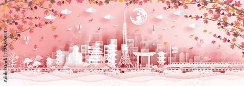 Panorama postcard of world famous landmarks of Japan in autumn season with falling maple leaves in paper cut style vector illustration