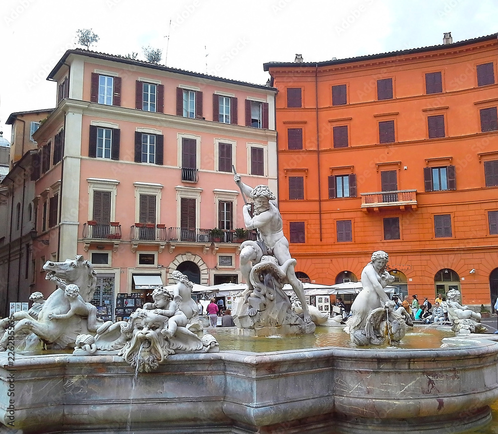 Fountain of Neptune at Piazza Navona. This fountain from 1576 depicts the god Neptune with his trident fight against an octopus and other mythological creatures. Rome, Italy