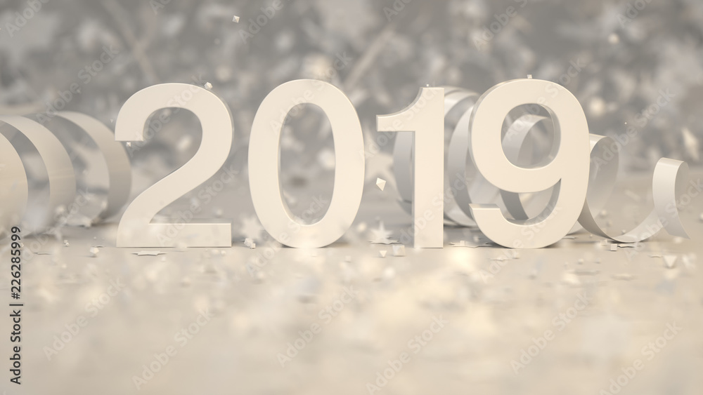White 2019 number with confetti and serpentine White 2019 number with confetti and serpentine