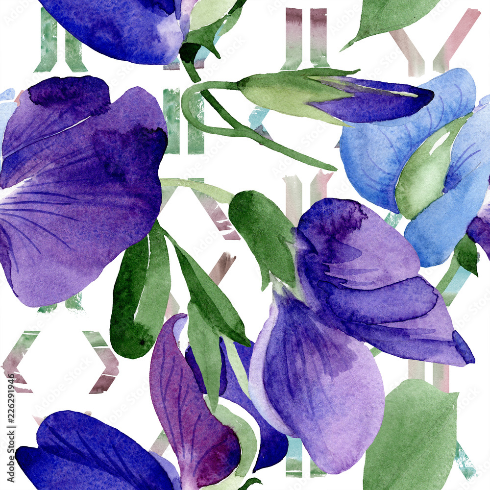 Watercolor purple sweet pea flower. Floral botanical flower. Seamless background pattern. Fabric wallpaper print texture. Aquarelle wildflower for background, texture, wrapper pattern, frame.
