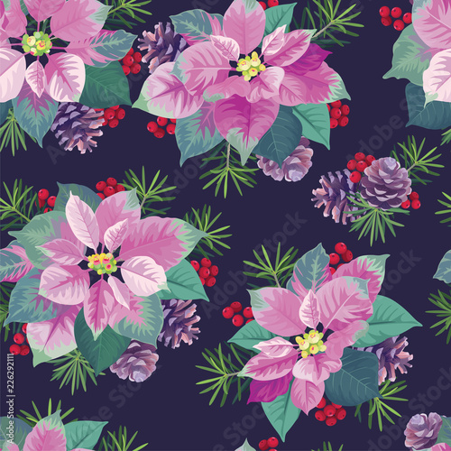 Fototapeta Naklejka Na Ścianę i Meble -  Seamless pattern of Poinsettia flowers in pink and green color with pine and berry on purple background. Vector set of Christmas elements for holiday invitations, greeting card and advertising design.