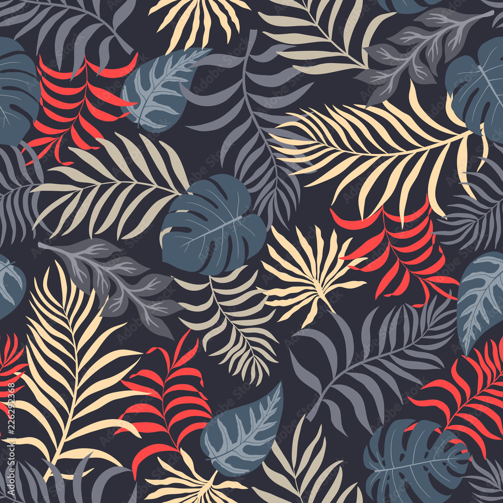 Tropical background with palm leaves. Seamless floral pattern. Summer vector illustration. Flat jungle print Tropical background with palm leaves. Seamless floral pattern. Summer vector illustration. Flat jungle print