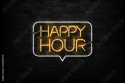 Canvastavla Vector realistic isolated neon sign of Happy Hour logo for decoration and covering on the wall background