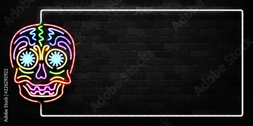 Vector realistic isolated neon sign of Dia de Muertos skull frame logo for decoration and covering on the wall background. Concept of Happy Day of the Dead in Mexico.