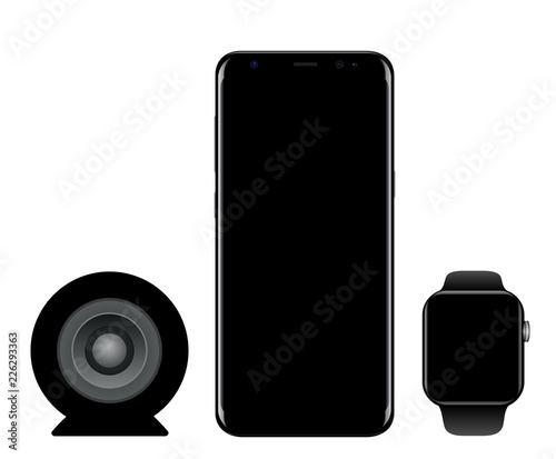 Brand mobile phone black smartphone with smartwatch and speaker vector eps 10