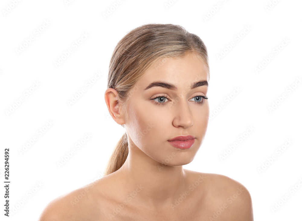 Portrait of young woman with natural eyelashes on white background Portrait of young woman with natural eyelashes on white background