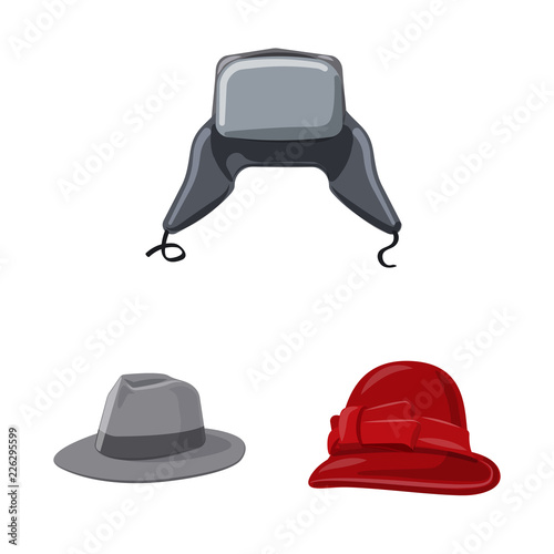 Vector illustration of headgear and cap icon. Set of headgear and accessory vector icon for stock.