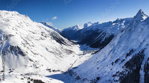 Winter alpine valley panorama, Paznaun Valley with Wirl, Galtur and Ischgl villages in background, Austria