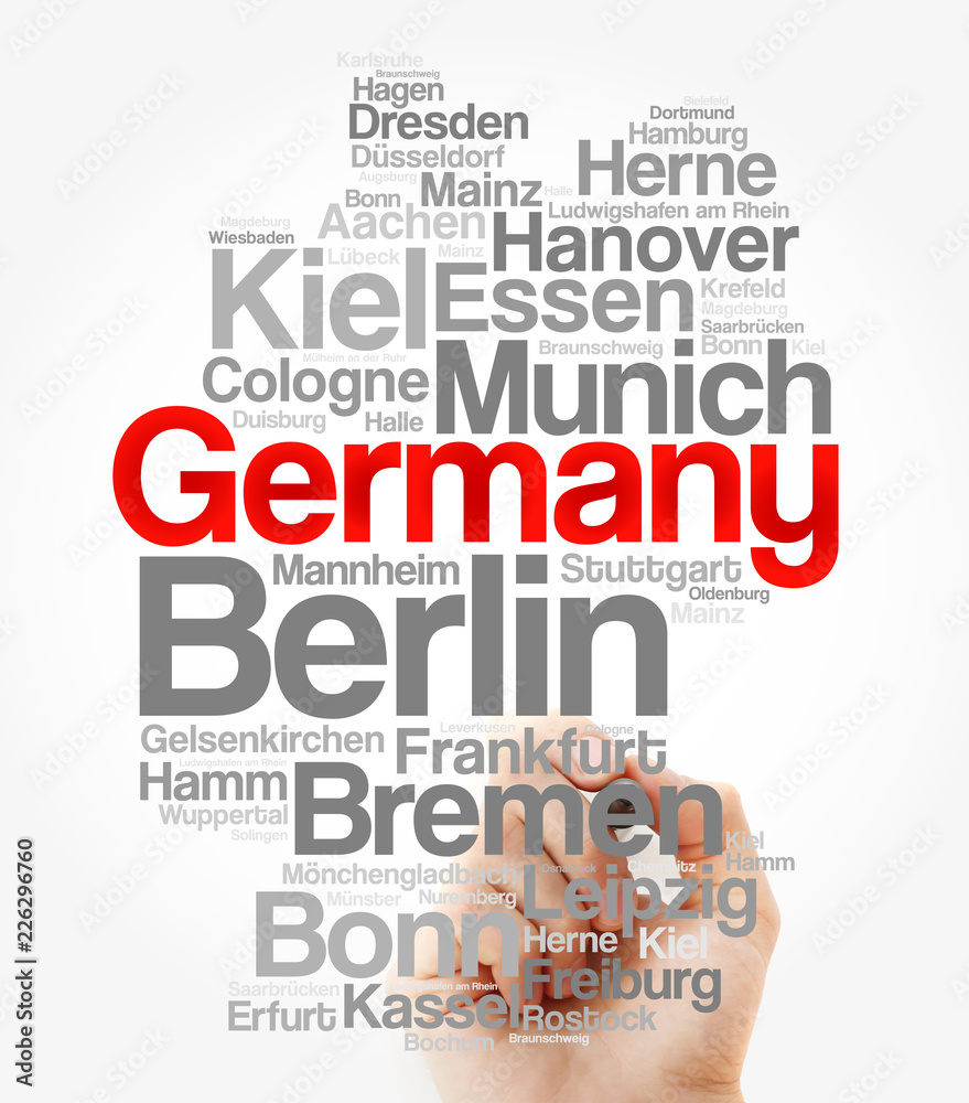 List of cities and towns in GERMANY, map word cloud collage, business and travel concept background List of cities and towns in GERMANY, map word cloud collage, business and travel concept background