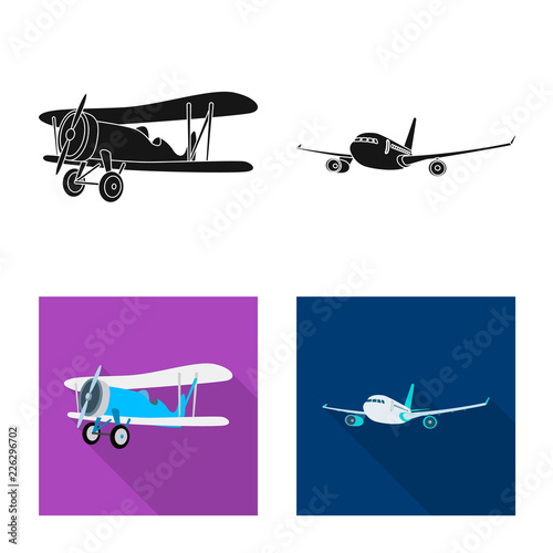 Vector illustration of plane and transport sign. Set of plane and sky vector icon for stock.