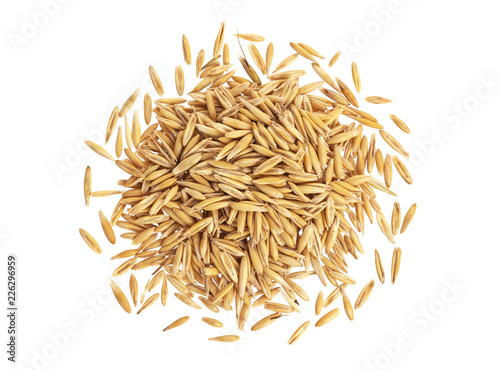 Pile of oat grains isolated on white background, top view