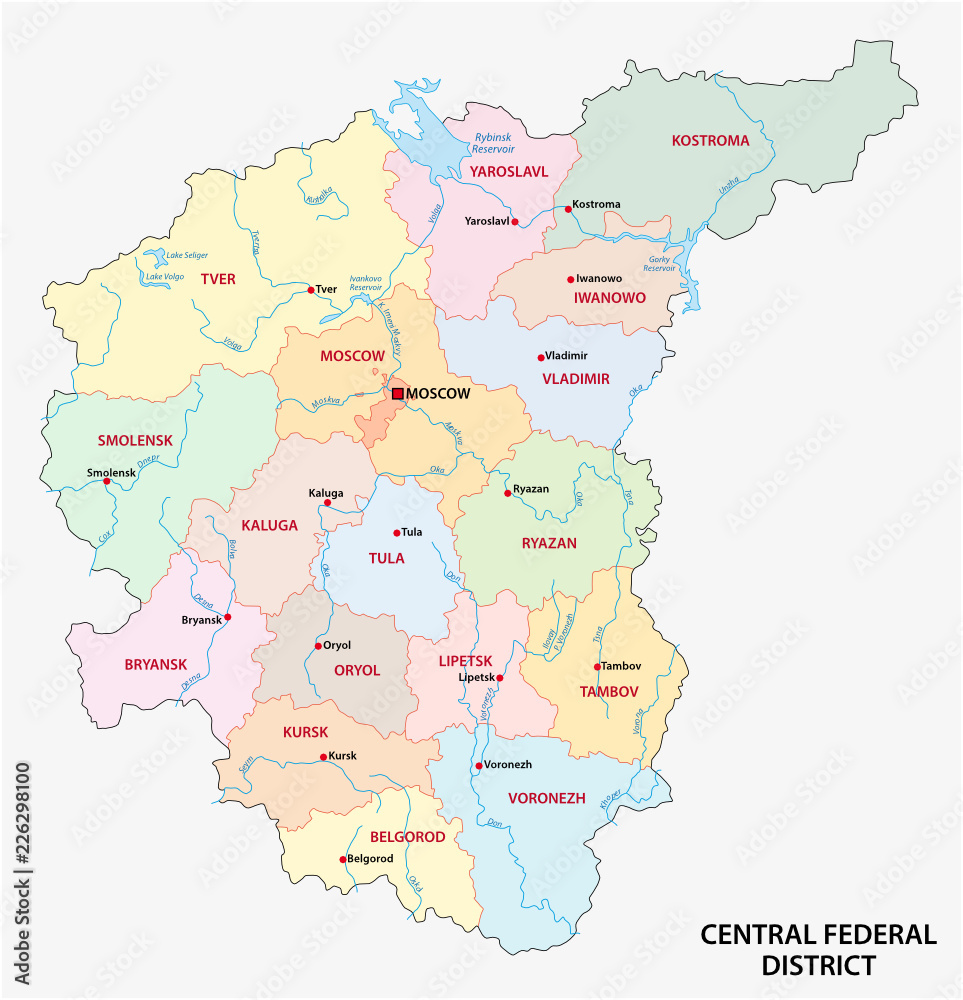 Central Federal District administrative and political vector map, Russia