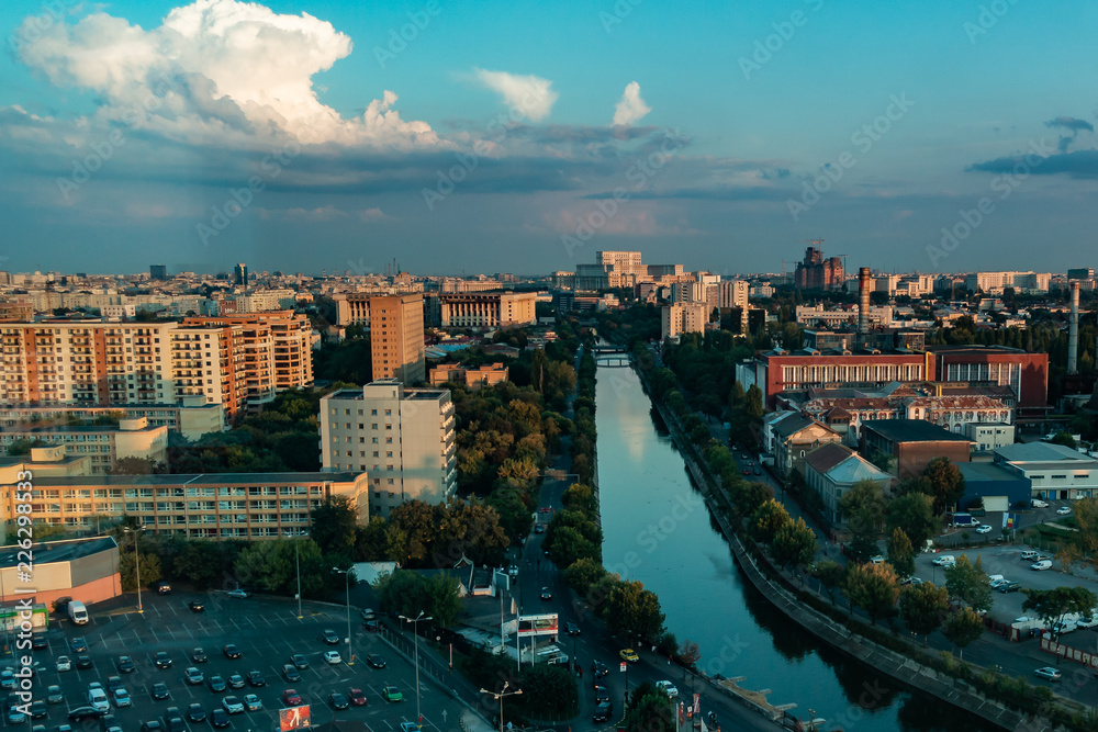 City from above with road, BUCHAREST, ROMANIA, September 13, 2018: Modern office buildings in Bucharest.