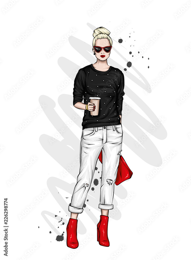Beautiful high in pants, glasses and a sweatshirt. Stylish clothes and accessories. Fashionable woman. Vector illustration. Fashion & Style. Fashion look.
