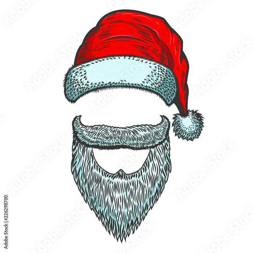 Santa Claus hat and beard. Christmas theme. Design element for decoration, poster, t shirt, greeting card.