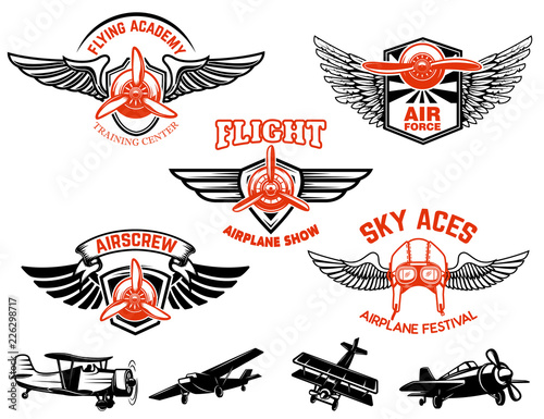 Set of airplane show labels. Emblems with wings and propellers.