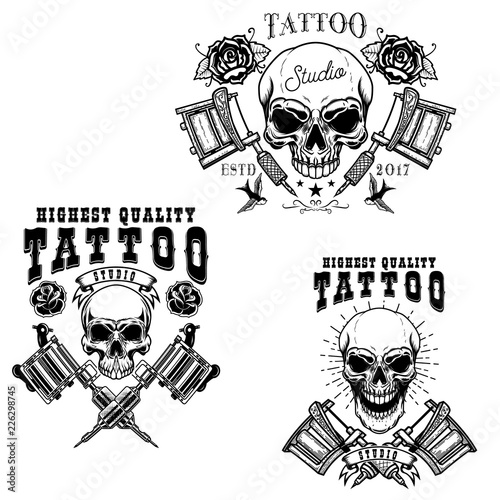 Set of tattoo studio emblem templates. Crossed tattoo machine, skull, roses. Design element for logo, label, sign, poster, t shirt.