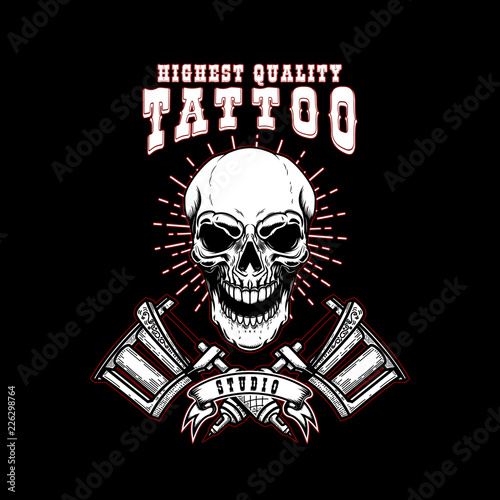 tattoo studio emblem template. Crossed tattoo machine, skull. Design element for logo, label, sign, poster, t shirt.