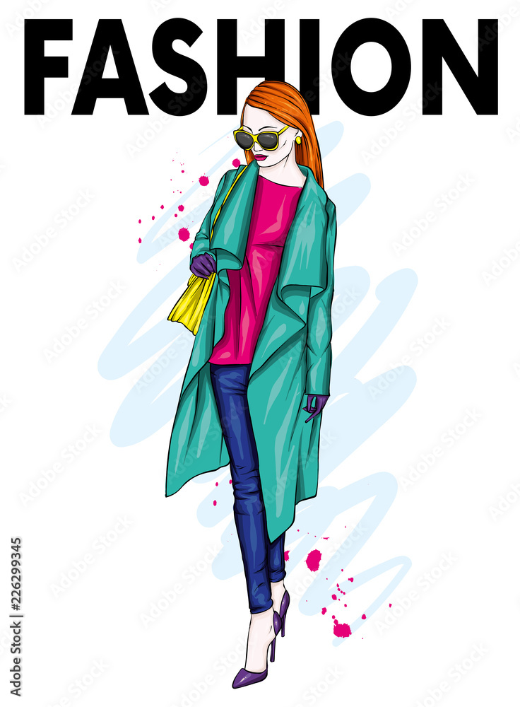 Beautiful, tall and slender girl in a stylish coat, trousers, and glasses. Stylish woman in high-heeled shoes. Fashion & Style. Vector illustration.
