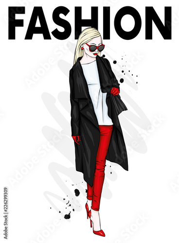 Beautiful, tall and slender girl in a stylish coat, trousers, glasses, with glasses. Stylish woman in high-heeled shoes. Fashion & Style. Vector illustration.