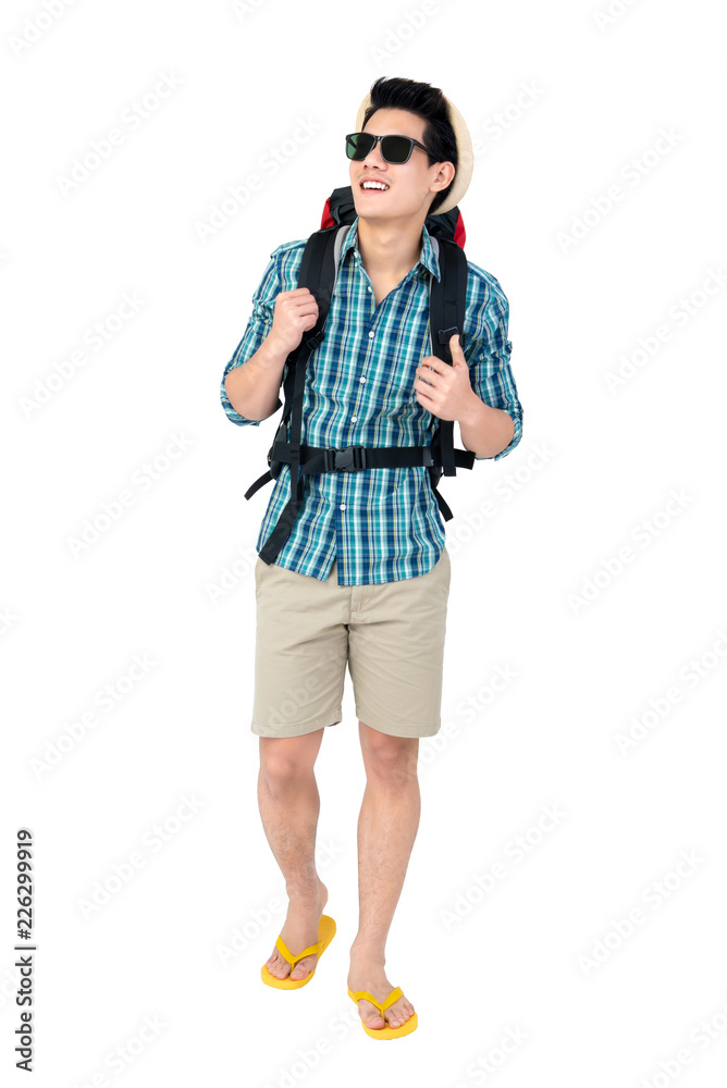 Handsome young Asian man tourist backpacker on white background Handsome young Asian man tourist backpacker on white background