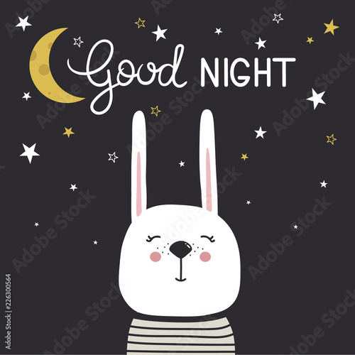 Hand drawn illustration with happy rabbit, moon, stars and lettering. Colorful cute background vector. Good night, poster design. Backdrop with english text, animal. Funny card, phrase