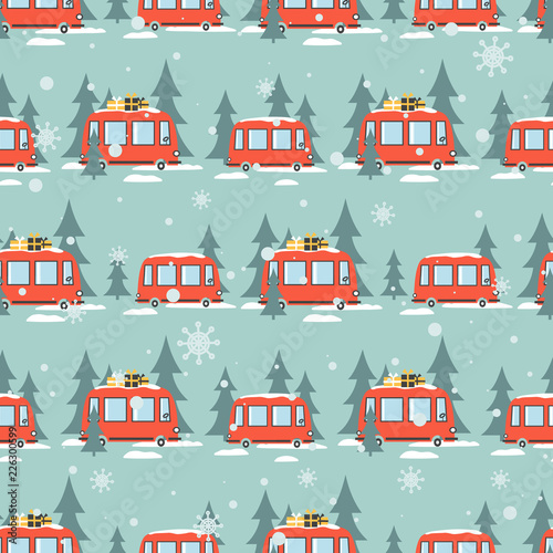 Buses, fir trees, snow, hand drawn backdrop. Colorful seamless pattern with transport. Decorative cute wallpaper, good for printing. Overlapping colored background vector