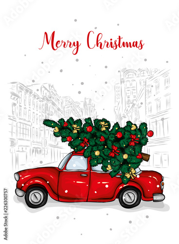 A beautiful Christmas tree in the vector. Illustration for a card or poster. New Year's and Christmas. Taxi, car.
