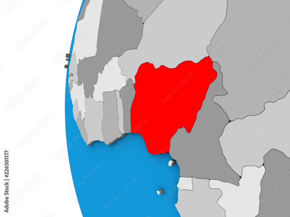 Nigeria on blue political 3D globe.