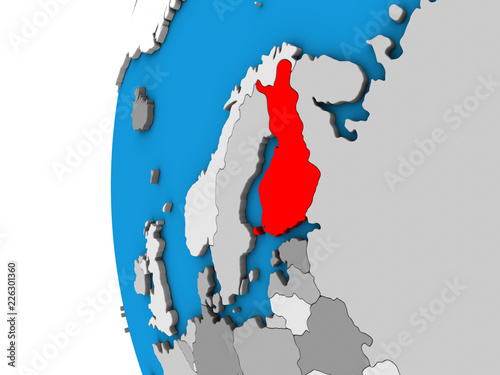 Finland on blue political 3D globe.