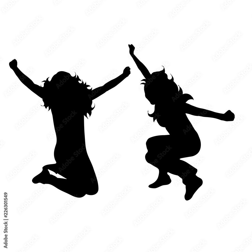 Vector silhouette of woman who jumps on white background.
