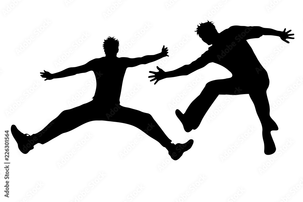 Vector silhouette of man who jumps on white background.