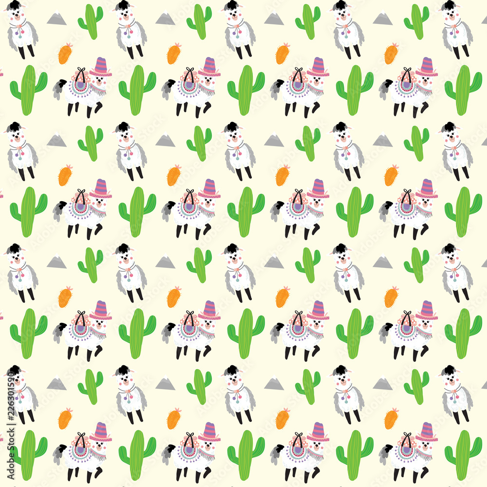 Alpaca and Cactus vector seamless pattern