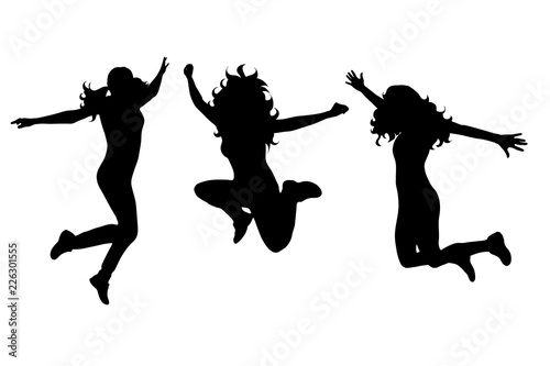 Vector silhouette of woman who jumps on white background.