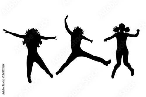 Vector silhouette of woman who jumps on white background.