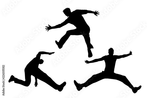Vector silhouette of man who jumps on white background.