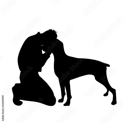 Vector silhouette of sad man with dog white background.