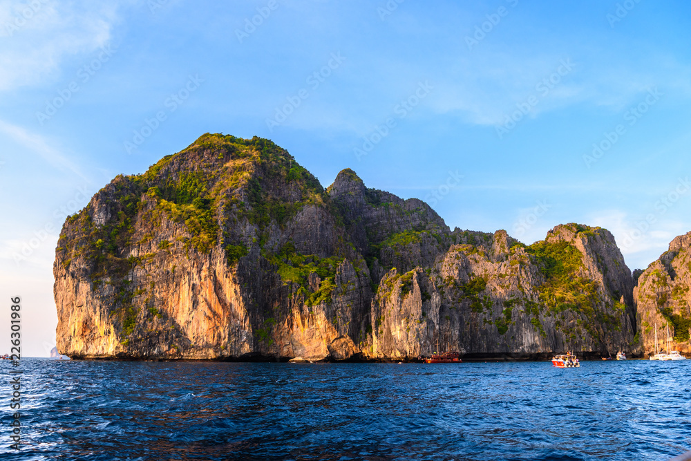 Rocks cliffs in sunset, Phi Phi Leh islands, Andaman sea, Krabi,