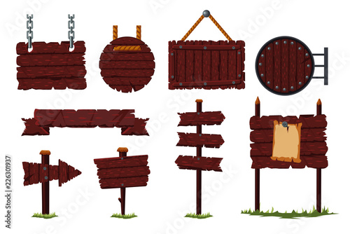 Cartoon wooden sign set with wood board and signpost. Isolated vector icon set. Game design concept.