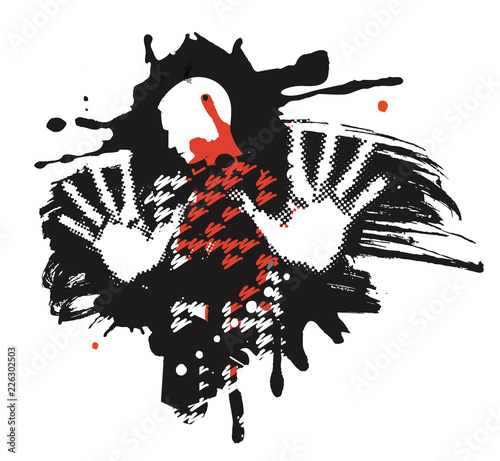 Bleeding man, Victim Of Violence.
Grunge stylized male silhouette.Heavily Wounded man with arms in defensive position. Vector available. 