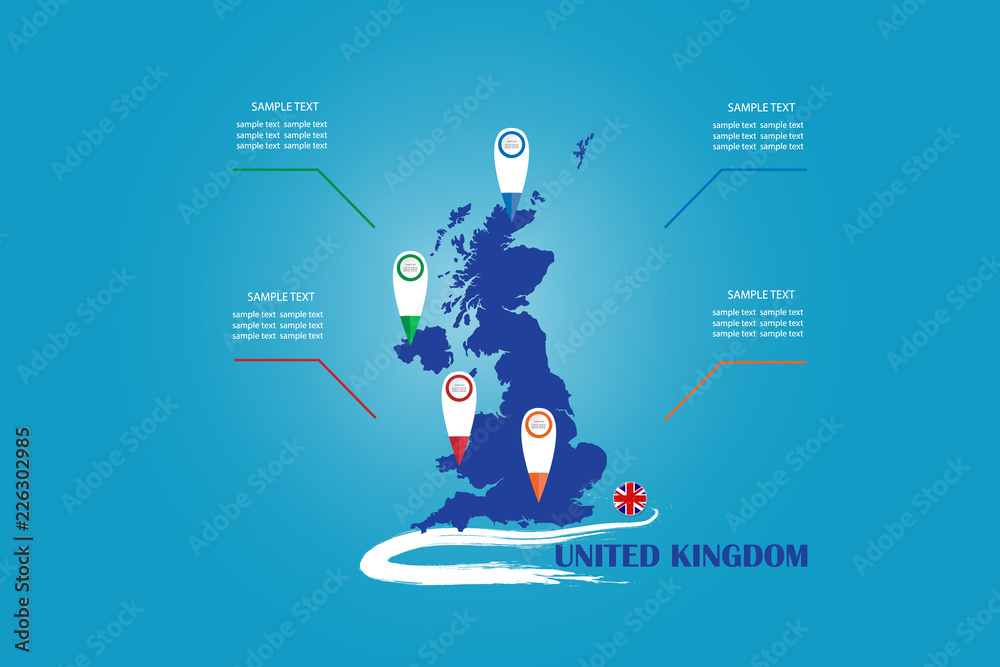 Infographic of the blind map and circle flag of United Kingdom Infographic of the blind map and circle flag of United Kingdom