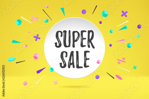 White paper bubble cloud with text SUPER SALE for sale, shopping promo banner, discount design. Vector poster with cloud talk, text message, explosion graphic elements concept memphis geometric style.