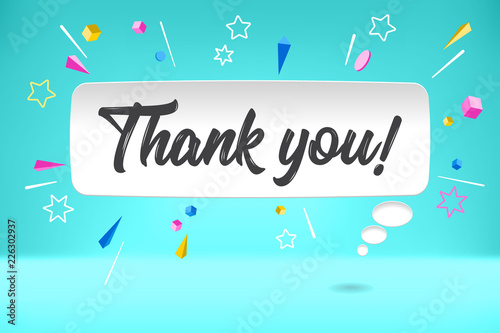 White paper bubble cloud with text Thank you for emotion, motivation, positive design. Poster with cloud talk, text message, explosion graphic elements concept in memphis geometric style. Vector.