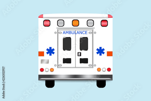 Back of ambulance car vector isolated on the blue background.