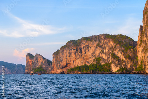 Rocks cliffs in sunset, Phi Phi Leh islands, Andaman sea, Krabi,