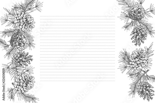Festivev background template with seamless pattern realistic botanical ink sketch of fir tree branches with pine cone in black and white colors isolated on white. Vector illustrations